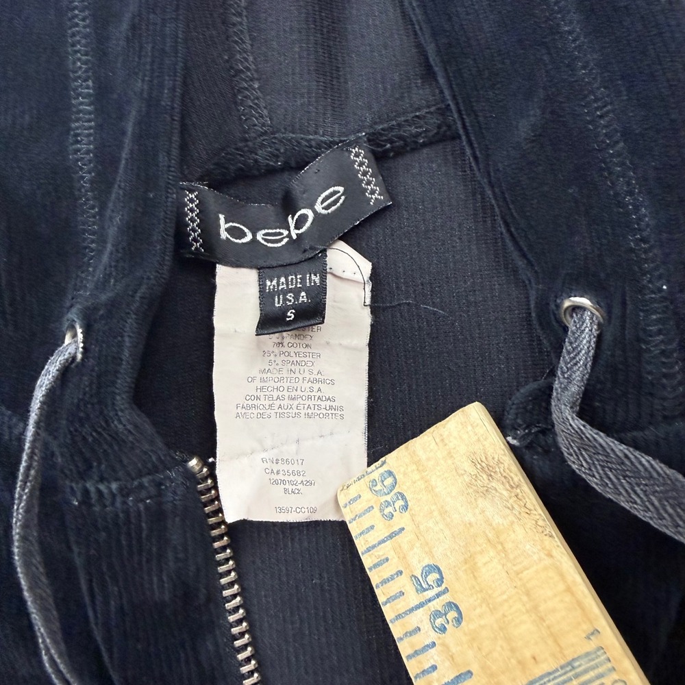 Bebe Black Corduroy Velour Zip Up Hoodie Y2K Crystal Logo Small Made in USA - Picture 2 of 5